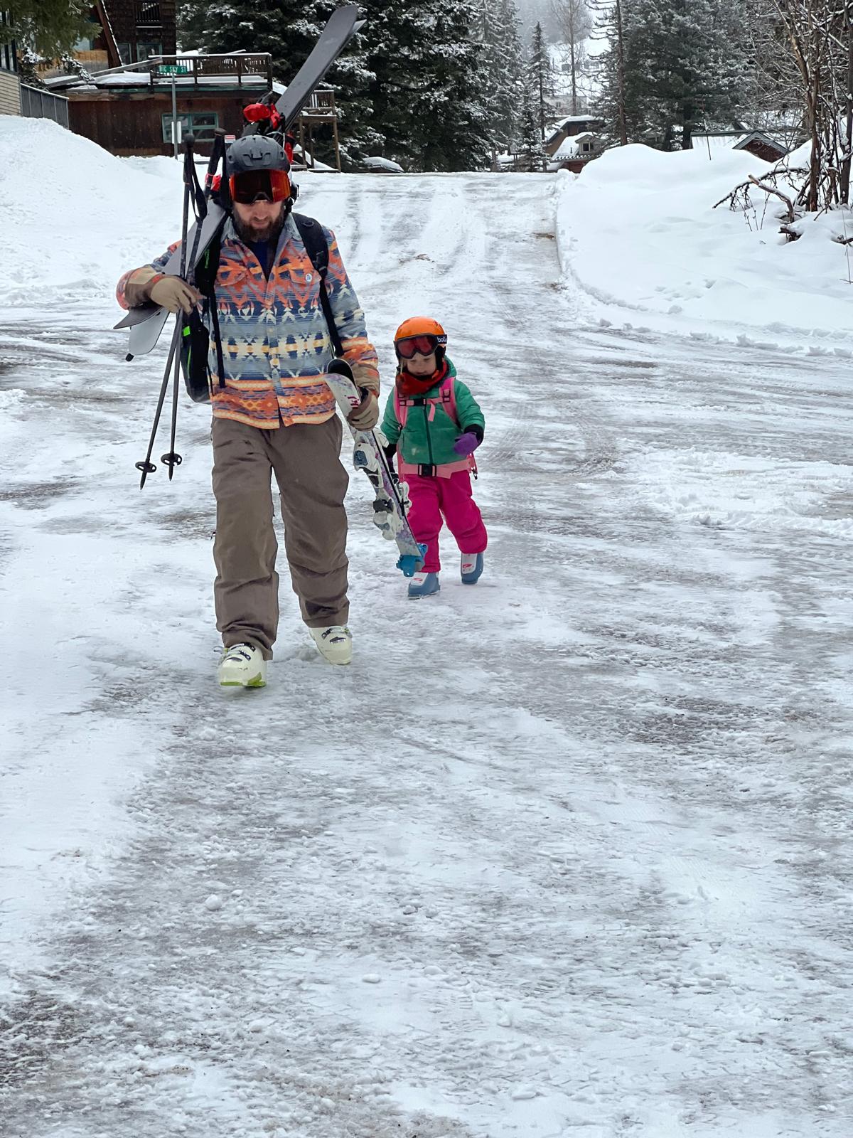 Walking with ski gear